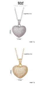 Detailed size chart showing zirconia heart pendant necklace with 40cm+5cm chain length