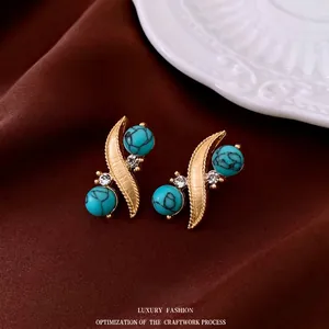 Vintage gold leaf turquoise stud earrings with sparkling crystals for elegant women