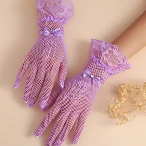 Elegant purple fishnet bridal gloves with lace ruffles and satin bow decoration
