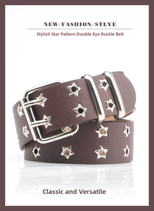 Detail of dark brown leather belt featuring double-row star eyelets and a silver pin buckle