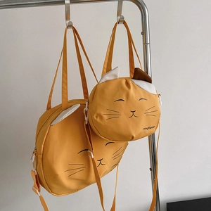 Cute yellow cat-shaped canvas tote and crossbody bag set with 3D ears for students