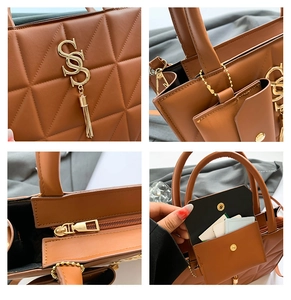 Detail view of brown geometric quilted tote bag with gold hardware and SSS metal logo