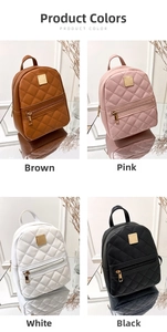 Quilted leather mini backpacks in brown, pink, white, and black with golden metal logos