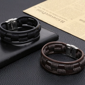 Detail of woven leather bracelet with stainless steel magnetic clasp in black and brown