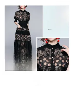 Detailed views of a black floral lace dress featuring puffy sleeves and high neckline