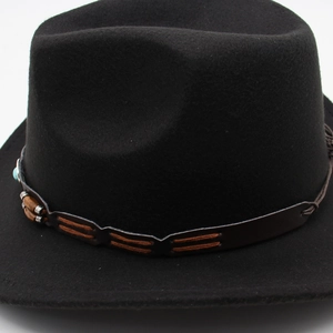 Detail of felt jazz hat with leather band, wooden beads, and turquoise stone inlay