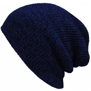 Classic dark blue knitted beanie hat for men and women featuring warm winter wool material