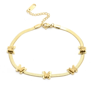 Golden stainless steel snake chain bracelet featuring five layered 3D butterfly charms