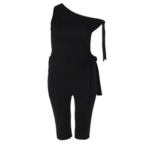 Women's plus size black one-shoulder jumpsuit with waist tie and slim fit design