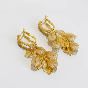 Elegant gold leaf earrings with tassel mesh balls and zircon accents for women