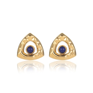 Triangle gold plated stainless steel stud earrings with hammered texture and blue stone