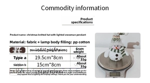 Size chart showing dimensions and weight for light-up snowman ornaments with green hats