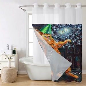 Detail of waterproof waffle fabric with festive cat print and durable metal eyelets
