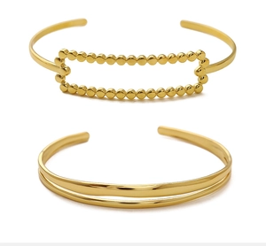 Detail of 18K gold plated minimalist open bangles featuring hollow rectangle and double lines