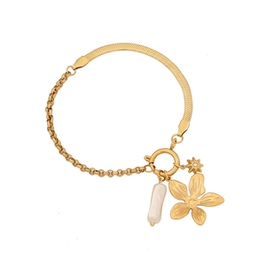 Bracciale dorato in acciaio inossidabile con catena a serpente, fiore, stella e perla