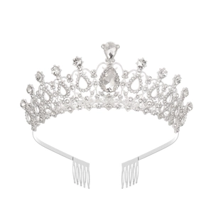 Detailed close-up of bridal crystal tiara with teardrop centerpiece and side combs
