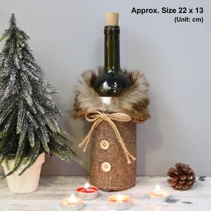 Handmade herringbone wine bottle cover with fur collar and wood buttons for Christmas decor