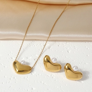 Heart Shape Artificial Pearl Necklace And Earrings Stainless Steel Gold Fashion Accessories For Women