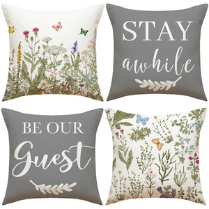 Faux Linen Throw Pillow Cover Floral Butterfly Letter Print Modern Simple Cushion Case Sofa Decor Invisible Zipper