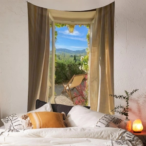 Bedroom wall scene with 3D window view tapestry showing European landscape