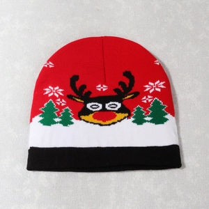 Detail shot of the knitted Christmas beanie showing reindeer and tree pattern textures