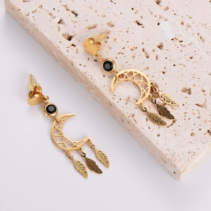 Bohemian gold moon dreamcatcher earrings with black rhinestones and leaf tassels