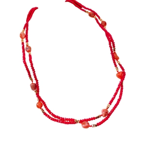 Double-layer red glass beaded necklace with gold accents and agate style stones
