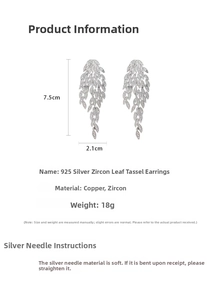 Detailed size specifications for leaf tassel earrings with 925 silver needle and zircon