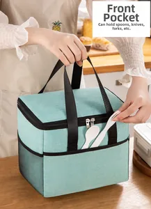 Detail of insulated lunch bag showing front pocket with cutlery and mesh side pouch
