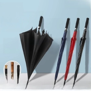 Detail of fiber umbrella frame and replaceable curved handle on this compact umbrella