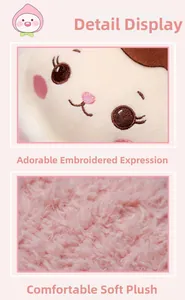 Detailed view of the cute embroidered facial expression and soft plush pink fabric