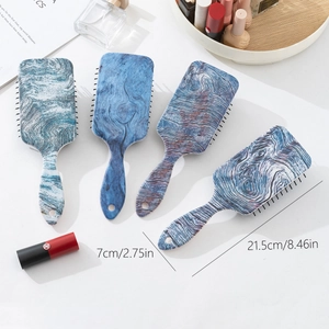 Square wood texture hair brushes with blue floral patterns and product dimension measurements