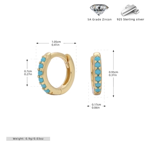 Detailed size chart of S925 sterling silver hoop earrings with blue zircon stones