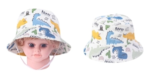 Detailed view of cream kids bucket hat with colorful dinosaur print and chin strap