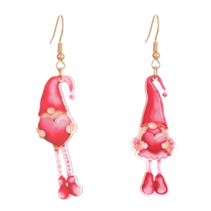 Detail of red acrylic gnome earrings with heart motif for Valentine's Day