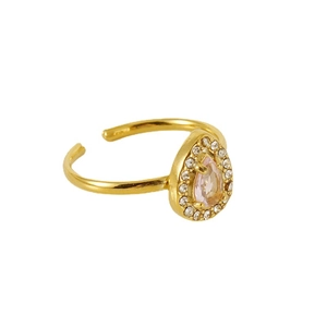 Adjustable 18K gold plated ring with teardrop pink zircon and white crystal accents