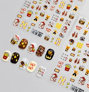 Detalle de pegatinas de uñas TS-4190 con diseños de hamburguesas, perros y papas