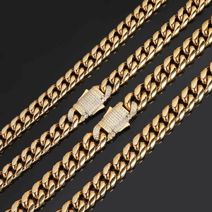 Golden titanium steel Cuban link necklaces with diamond-encrusted spring clasps
