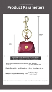 Detail view of mini red leather bag keychain with gold-plated alloy hardware and dimensions