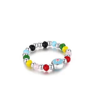 Anello regolabile in argento 925 con perline colorate e ciondolo a fiore in smalto blu
