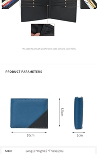 Detailed size parameters for bi-fold wallet showing dimensions 10x8.5x1 cm with internal slots