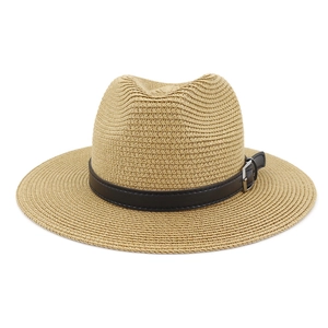 Close-up of khaki straw fedora featuring a black faux leather band with silver buckle