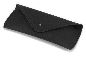 Close-up of black snakeskin texture and golden button clasp on the soft sunglasses case
