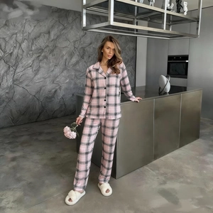 Pink plaid satin pajama set with long sleeves and lapel collar for women loungewear