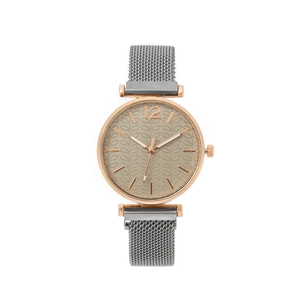 Modern women's watch with rose gold case, patterned dial and magnetic grey mesh strap