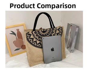Ethnic vintage jute tote bag featuring geometric totem print and black woven handles