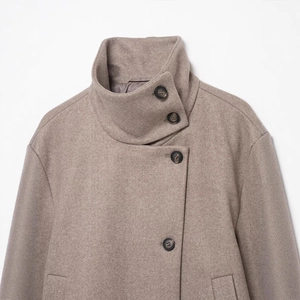 Oatmeal wool short coat featuring a high stand collar and vintage dark brown buttons