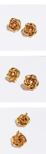 Three-view detail of gold twist knot floral earrings showing front, side and back clasp