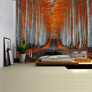 Detailed view of autumn birch forest wall tapestry behind a bed in a modern room