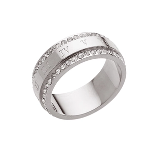 Detailed macro of silver-colored wide steel ring with crystals and Roman numerals